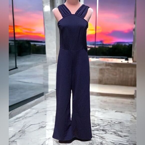 THE VANITY ROOM NWT CREPE V DETAIL JUMPSUIT INK BLUE MEDIUM CROP LENGTH - Picture 2 of 13